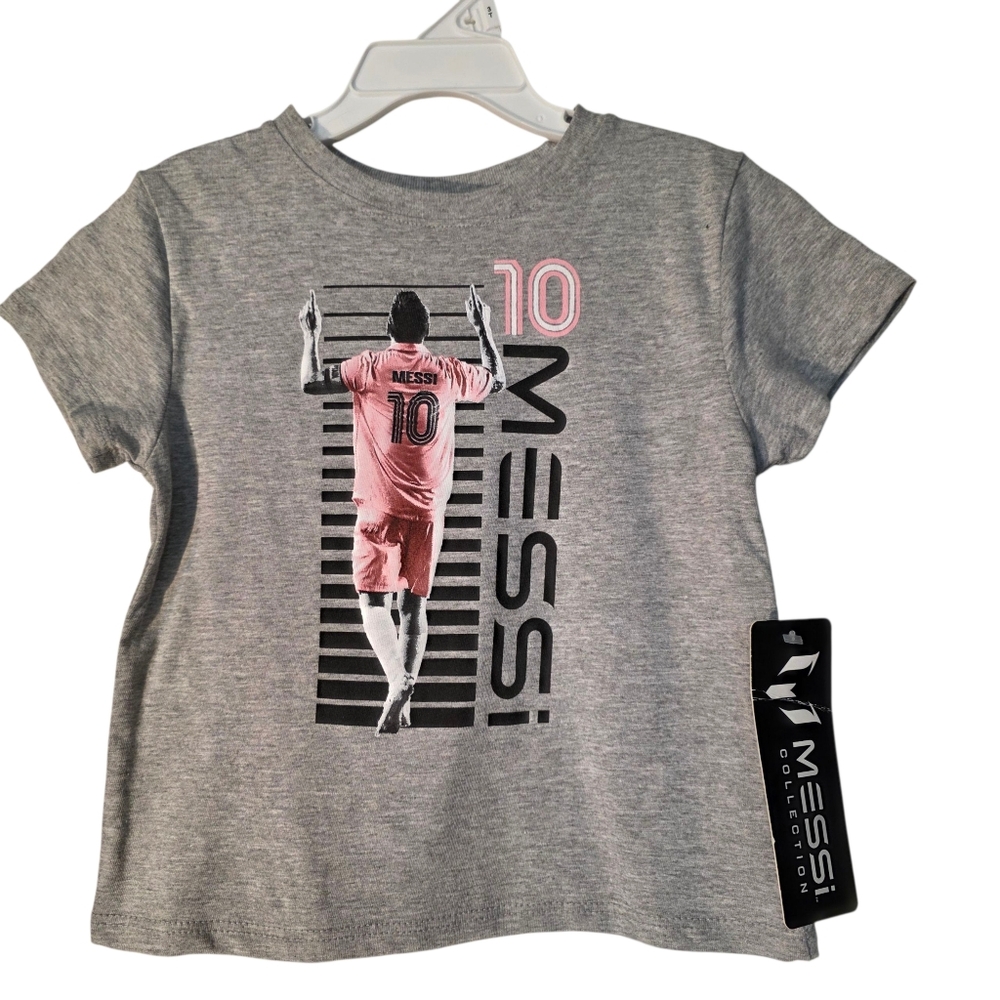 Messi Kids Raising The Bar Soccer T-Shirt 3T Gray Black Pink NEW World Cup FIFA
